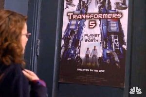 Image from the comedy series "30 Rock" – a poster for "Transformers 5" with the caption "Written by Nobody"