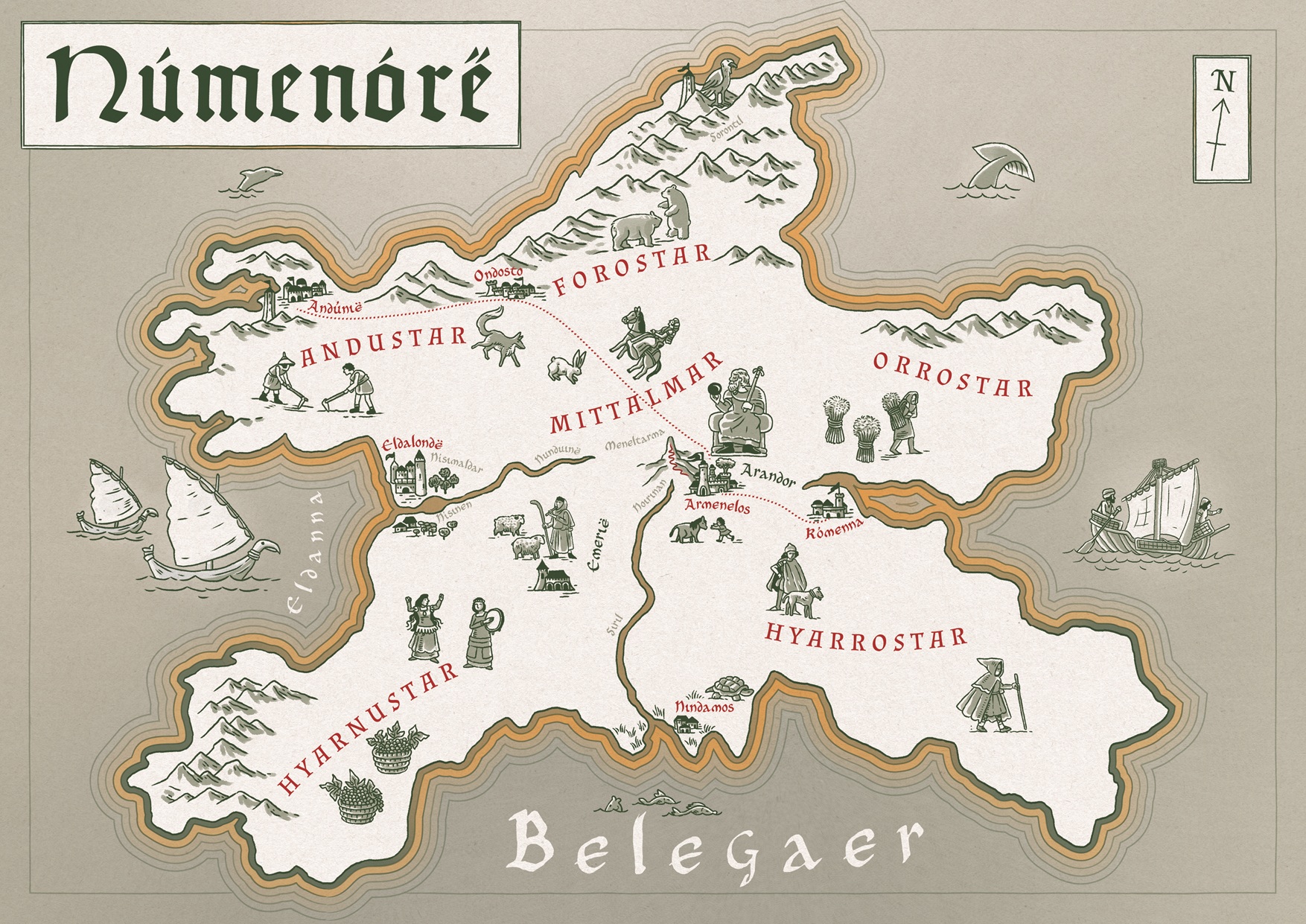 A map of Númenórë, a fictional island kingdom in the world created by J.R.R. Tolkien, specifically The Lord of the Rings and The Silmarillion. The island-kingdom was destroyed and sunk into the sea, henceforth it was called in the High Elvish language of Quenya, Atalantë, which means “The Downfallen”, a wink by Tolkien to the myth of Atlantis. Map design: The Tipsy Racoon.
