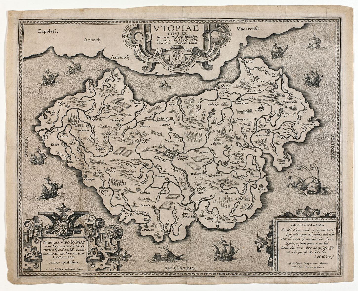 Map of Utopia as imagined by Antwerp cartographer Abraham Ortelius from Sir Thomas More’s famous text, circa 1595 | The original map, engraved in copper, is presented at the Plantin-Moretus Museum in Antwerp, thanks to the King Bedouin Foundation and the Charles Vreeken Fund.